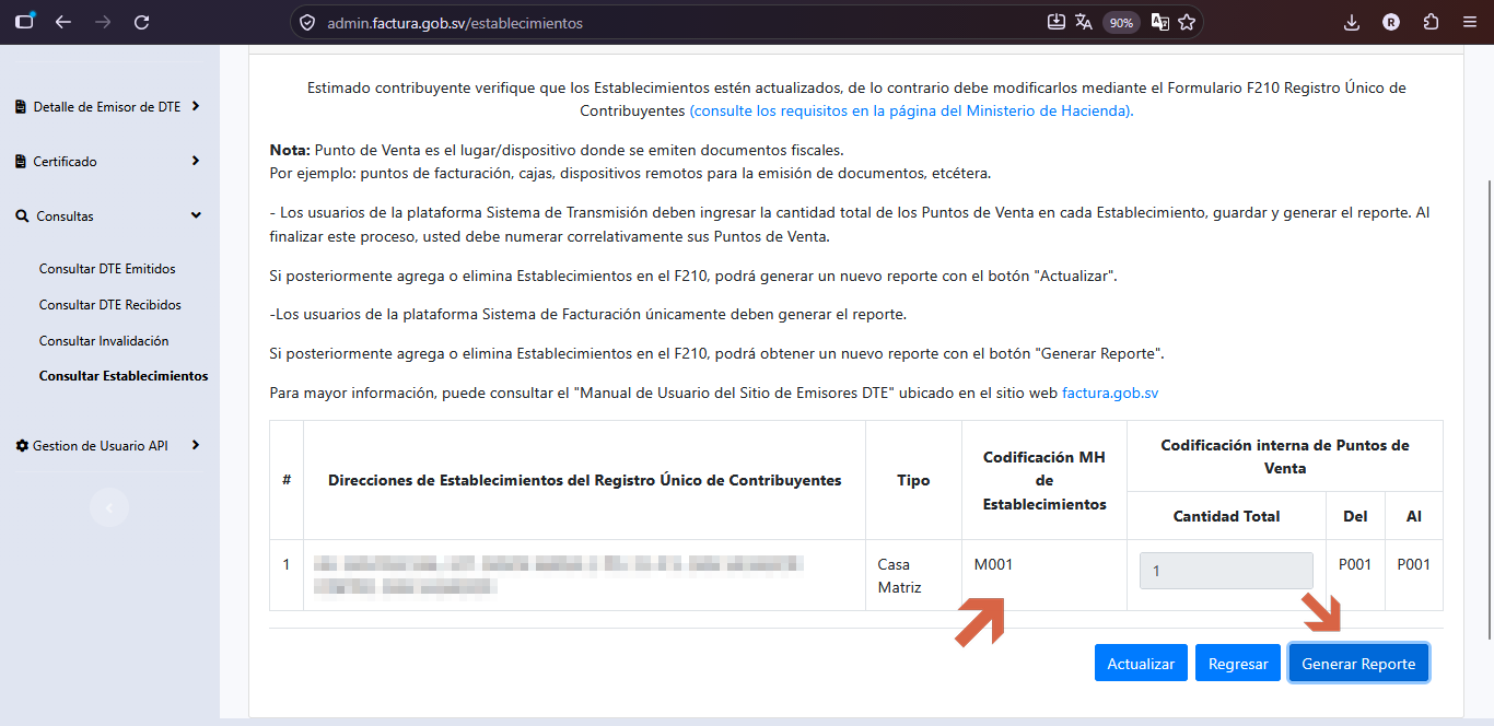 Consulta de establecimientos de empresa en factura.gob.sv