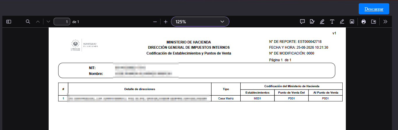 Reporte de codificación de establecimientos y puntos de venta del Ministerio de Hacienda